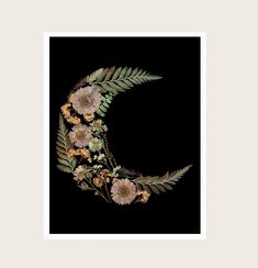 the letter c is made up of flowers and leaves on a black background with a white frame