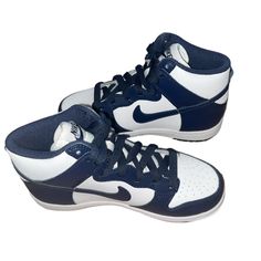 Brand New High Tops Is Navy Blue And White Size: 1y Casual Navy Basketball Shoes With Round Toe, Red Basketball Shoes, Nike Air Jordan 6, Navy Blue Shoes, Cleats Shoes, White Running Shoes, Nike Classic, Nike Elite, Dunk High