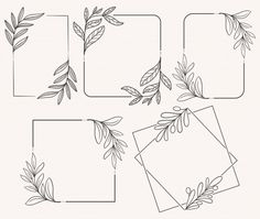 four square frames with leaves and branches drawn in black ink on a white paper background