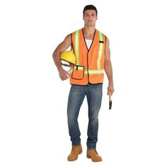 a man in an orange safety vest holding a yellow hard hat and a hammer on his left hand