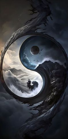 an artistic painting with waves in the shape of a yin - yang sign and two people standing