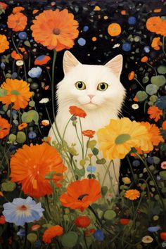 a painting of a white cat surrounded by orange, blue and yellow flowers on a black background