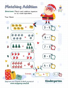 christmas math worksheet for kids with santa claus and gifts on it, including numbers