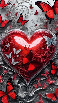 a red heart surrounded by lots of butterflies