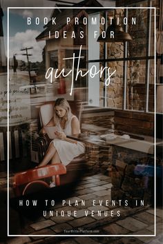 a woman sitting in a chair with the words book promotion ideas for authors