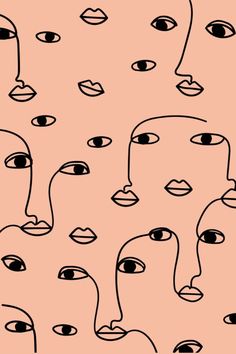 an image of many different faces on a pink background with black and white outlines