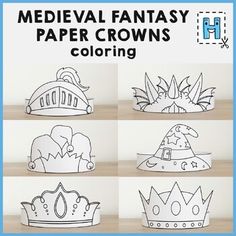 These Medieval Fantasy paper crowns are great for a fun school craft project.Your kids will love coloring these headbands!Included:Knight helmet (for coloring)Dragon headband (for coloring)Wizard hat (for coloring)Jester hat (for coloring)Princess crown (for coloring)King crown (for coloring)Buy once and print as many times as you need.These paper crowns are ready to be printed, cut, and enjoyed.-----------------------------------------------------------------------------Your file will be availa Medieval Times Activities For Kids, Medieval Activities For Kids, Medieval Party Games, Medieval Crafts For Kids, Fantasy Activities, Crown Crafts For Kids, Medieval Theme Party, Theater Crafts, Fairytale Crafts