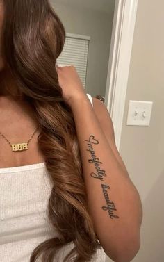 Spiritual Baddie Tattoos, Small Baddie Tats, Pretty Tattoos With Meaning, Lotus Hand Tattoo, Poem Tattoo, Word Tattoo Ideas, Arm Sleeve Tattoos For Women, Black Dancers, Word Tattoo