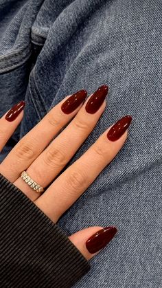 Dark Plum Nail Color, Dark Color Gel Nails, Dark Red Glossy Nails, Fall Dark Red Nails, Dark Red Velvet Nails, Dark Gel X Nails, Cute Fall Color Nails, Fall Nail And Toes Matching Ideas, Cherry Red Nails Almond