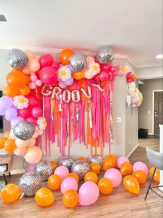 Groovy balloon garland
Daisies balloons 
Disco ball balloons Groovy 25th Birthday Party, Cute Party Themes For Women, Dazed And Engaged Balloon Arch, Pink And Gold Photo Backdrop, Retro Bday Party Ideas, 70 Decorations Party, Austin Powers Birthday Party, 21st Birthday Ideas Flowers, 70s Party Backdrop