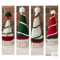 crocheted christmas tree decorations are displayed in three different angles, including the top one with a santa's hat on it