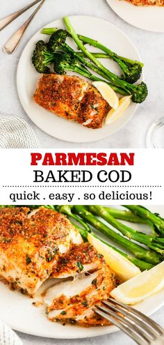 parmesan baked food on a plate with broccoli and lemon wedges