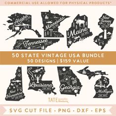 the 50 state vintage usa bundle is shown in black and white, with an orange border