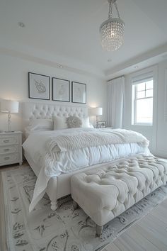 a large white bed sitting in a bedroom under a chandelier and two pictures on the wall