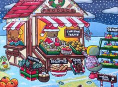 a painting of a store selling christmas treats