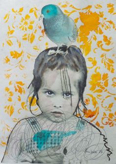 "Title: hope #4 mixed media on paper 30x40cm  (11,8x 15,6\") artist: Alexandra Bolzer 2017 This painting is made out of an art print which is colored by hand. It shows a little girl with a pigeon on the head. The series is called HOPE and was developed 2017" Girl Portrait, Wall Art Vintage, Gift For Mum, Portrait Girl, Art Vintage, Handmade Paper, Gifts For Mum, Pigeon, Making Out