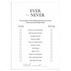 Birthday Icebreaker Game for Her Ever or Never Printable by LittleSizzle Never Have I Ever Game, Easy Birthday Party Games, Forty And Fabulous, Turning Forty, Couple Shower Games, Birthday Party Game, Simple Birthday Party, Baby Shower Wishes, Wishes For Baby Cards