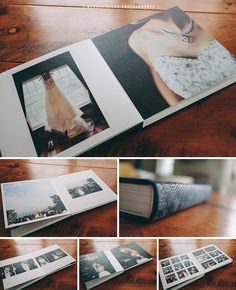 an open photo book with pictures and text on the cover is sitting on a wooden table