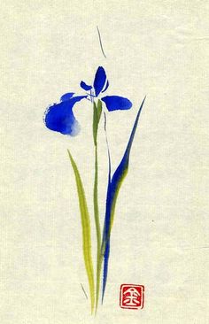 a blue flower on a white background with chinese writing in the bottom right hand corner