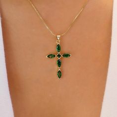 Spiritual May Birthstone Jewelry, Fine Jewelry Green Necklace With Stones, Sterling Silver Green Jewelry With Jewels, Green Sterling Silver Jewelry With Jewels, Sterling Silver Emerald Necklace, Spiritual Emerald Jewelry For May Birthstone, Elegant Green Cross Necklace, Fine Jewelry With Green Clavicle Chain, Green Pendant Jewelry With Stones