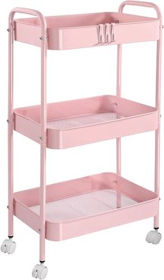 a pink three - tiered trolley with wheels is shown in front of a white background