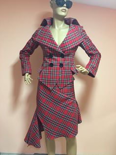 "Awesome extravagant women's fitted suit. Red Royal Stewart Scottish tartan pattern. Very feminine and elegant fitted jacket with a pencil silhouette skirt with ruffles The jacket is fully lined inside. The fabric is soft fine poly viscose. Length of the jacket is 23 inches at back. The skirt have not lining, asymmetrical length, SIZE CHART SIZE S - US 6, UK 8, EU 36 bust: bust around 34.5\"/90cm Waist: waist around 27.5\"/70cm Hips: hips around 34.5\"/90cm SIZE M - US 8, UK 10, EU 38 bust: bust Grunge Suit, Red Suits, Tartan Suit, Grunge Jacket, Kilt Jackets, Plaid Suit Jacket, Suit For Women, Boucle Jacket, Period Outfit