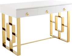 a white and gold desk with two drawers on one side, an open shelf at the top