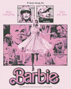 the movie poster for barbie is shown in black and white, as well as pink