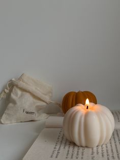 a small white pumpkin sitting on top of an open book next to a bag and candle