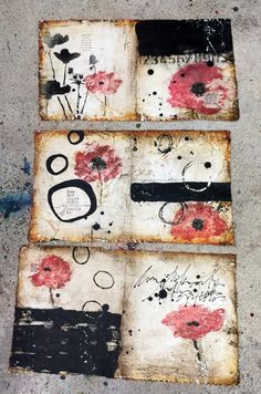 two pieces of art that have been altered to look like poppys and black circles