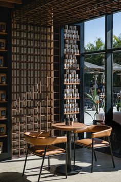 two wooden chairs sitting at a table in front of large windows