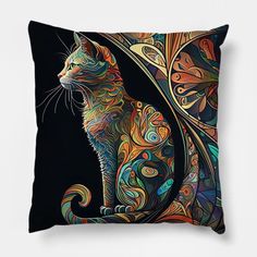 a colorful cat sitting on top of a black pillow with swirls and circles around it