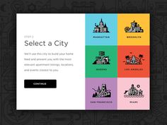 an image of a website page with different colored squares and buildings on the front, along with text that reads select a city