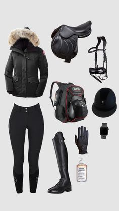 an assortment of equestrian gear including riding boots, gloves and hats