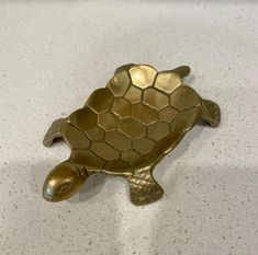 a brass turtle shaped dish sitting on top of a counter