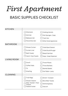 the first apartment checklist is shown in black and white