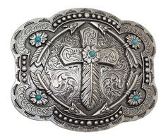 Add a touch of Western charm to your wardrobe with the Feather Cross Belt Buckle. Featuring a beautiful combination of Feathers, Arrows, and 5 Turquoise stones placed just right, this antique silver buckle measures 3 tall by 4 wide and is perfect for Cowboy Church. Whether you visit our retail store in Smyrna, TN or shop online, don't miss the chance to add this unique piece to your collection. Cute Belt Buckles Women, Cross Belt Buckle, Silver Concho Belt Buckles For Festival, Western Silver Belt Buckles For Festival, Western Style Silver Belt Buckles For Festival, Adjustable Silver Southwestern Belt Buckles, Vintage Silver Belt Buckles For Festival, Silver Bohemian Adjustable Belt Buckles, Antique Silver Belt Buckle For Festival