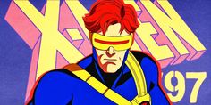 the animated character is dressed in blue and has red hair, wearing a yellow mask