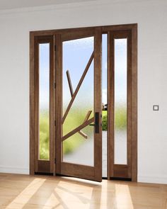 an open wooden door in a white room with wood flooring and glass panels on the doors