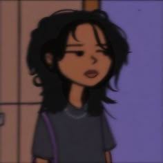 an animated image of a woman with dark hair and black shirt, standing in front of a purple wall