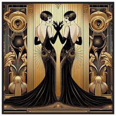 two women in black and gold are facing each other