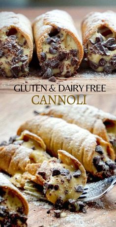 chocolate covered pastry is cut in half and served on a wooden cutting board with the title text overlay reads gluten & dairy free cannoli