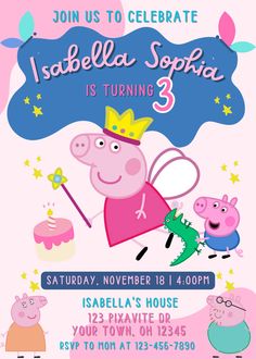 peppa pig birthday party with pink and blue background, including an image of peppo the