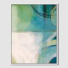 an abstract painting with blue, green and white colors is featured in a frame on the wall