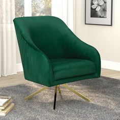 a green chair sitting on top of a rug