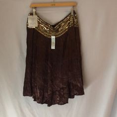 Cache Brown Knee Length Skirt With Gold Embroidery And Sequins. From A Smoke Free Environment Digital Dress, Crinkle Skirt, Gored Skirt, Full Midi Skirt, Embellished Skirt, Patchwork Skirt, Suspender Skirt, Gold Embroidery, Black Midi Skirt