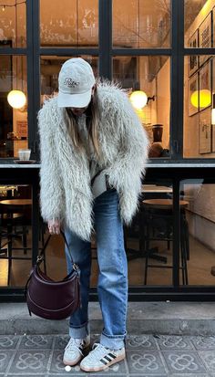 Shaggy Coat Outfit, Cold Weather Street Style, Shaggy Faux Fur Coat, Shaggy Jacket, Sleek Dress, Coat Outfits, Cozy Winter