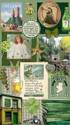 a collage of green and white images with shamrocks, books, clovers, beer