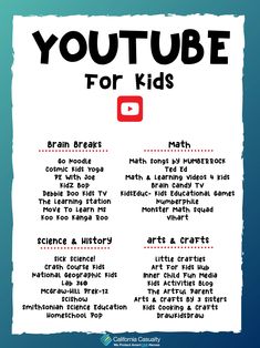 a poster with the words youtube for kids written in black and red on white paper