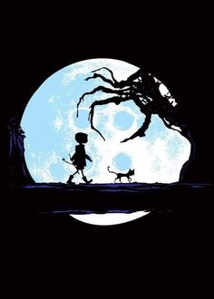 the silhouette of a person walking with a cat in front of a full moon